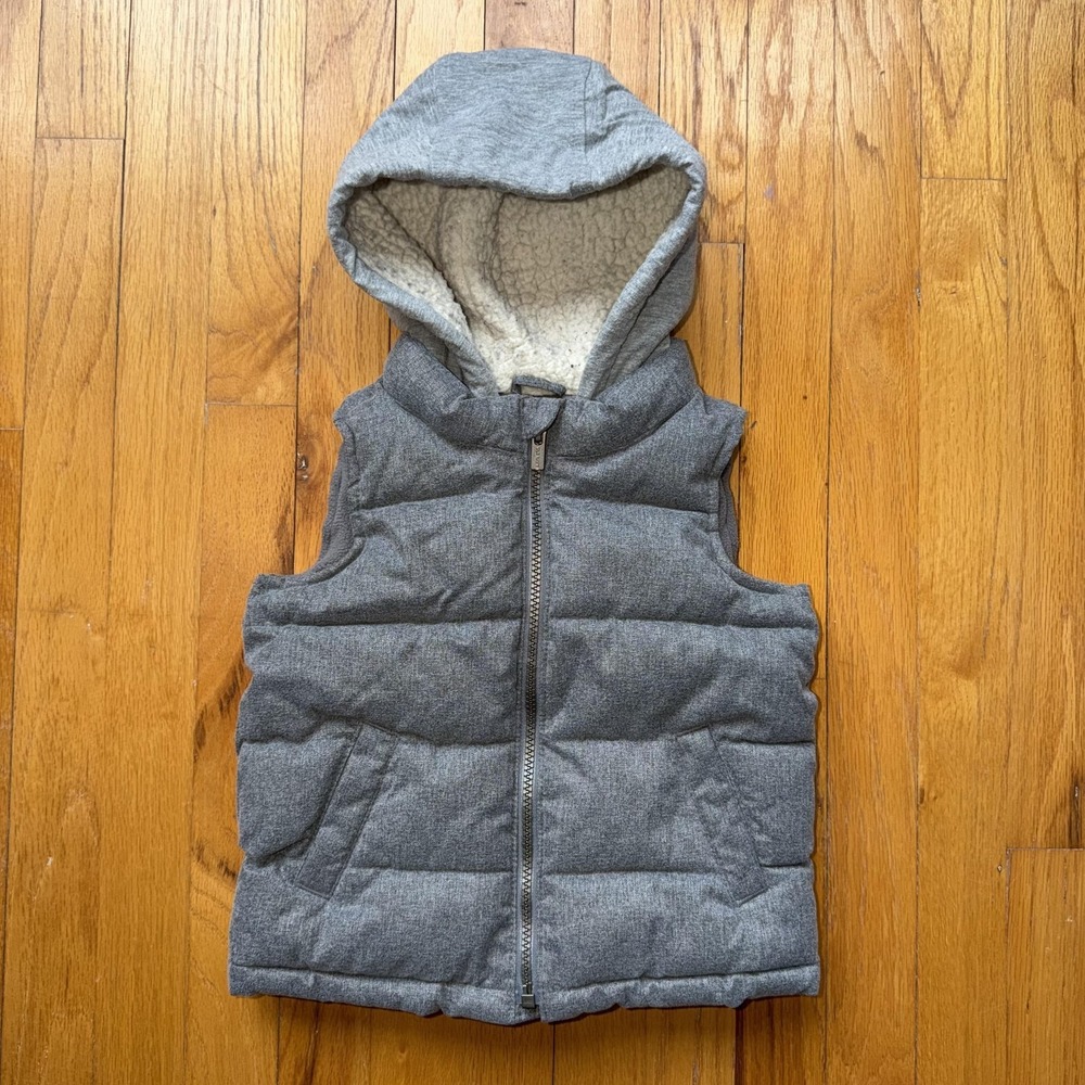 Old Navy Puffer Vest‎ Toddler 3T Gray Hooded Sherpa Lined Quilted Zip Warm